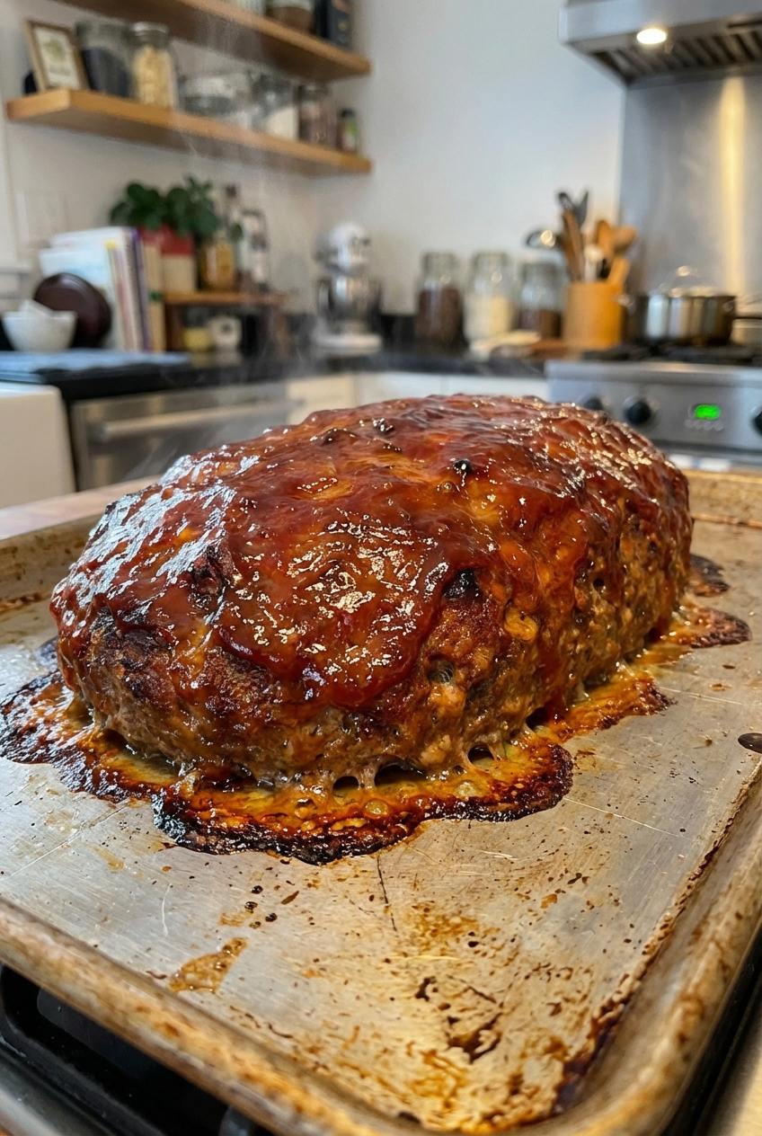 A real photograph of a meatloaf fresh from the oven on a sheet pan with a shiny glaze and browned edges