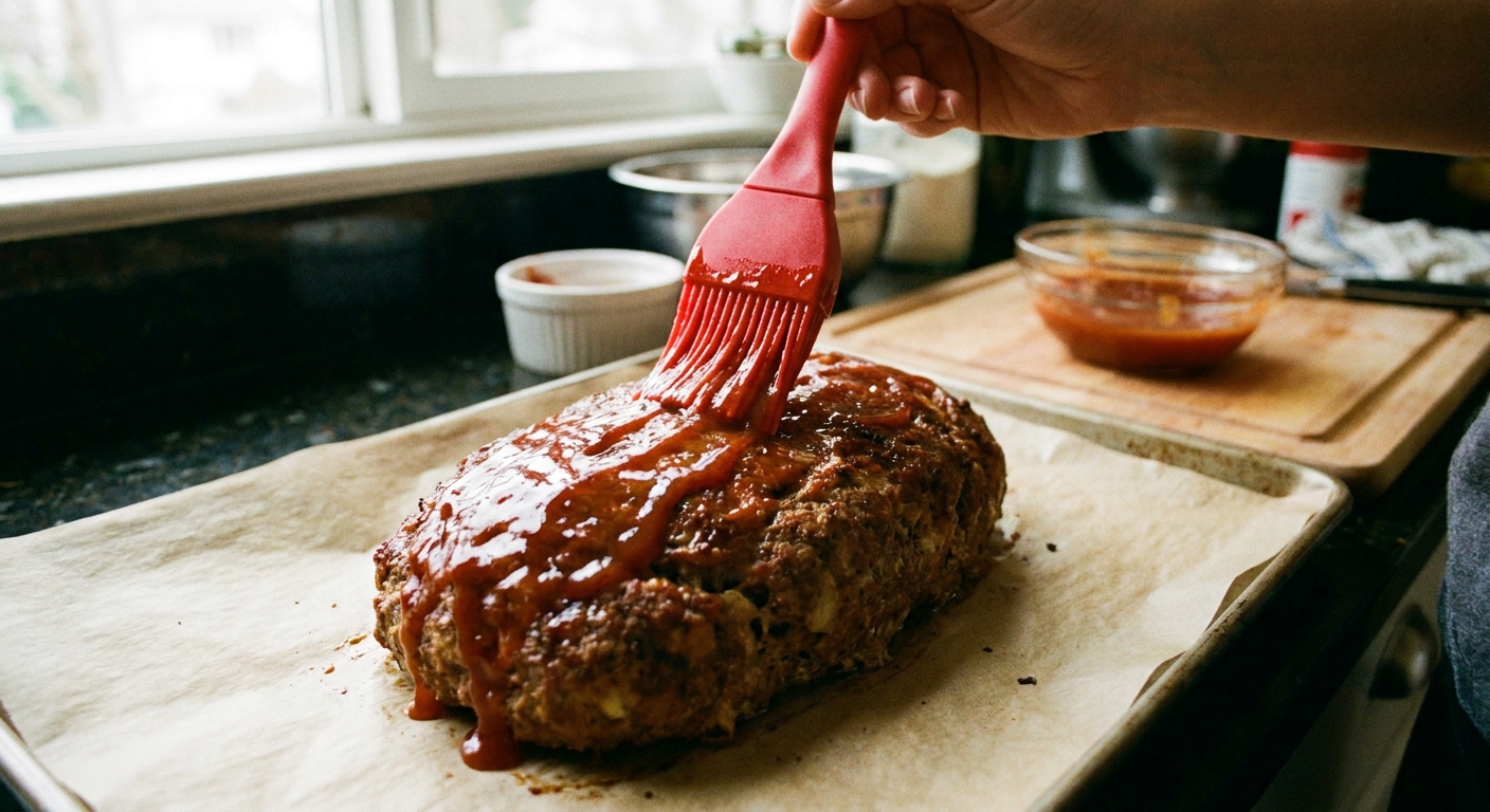 A real photograph of a meatloaf on a parchment-lined baking sheet being brushed with glossy ketchup glaze using a silicone brush, close-up kitchen action shot