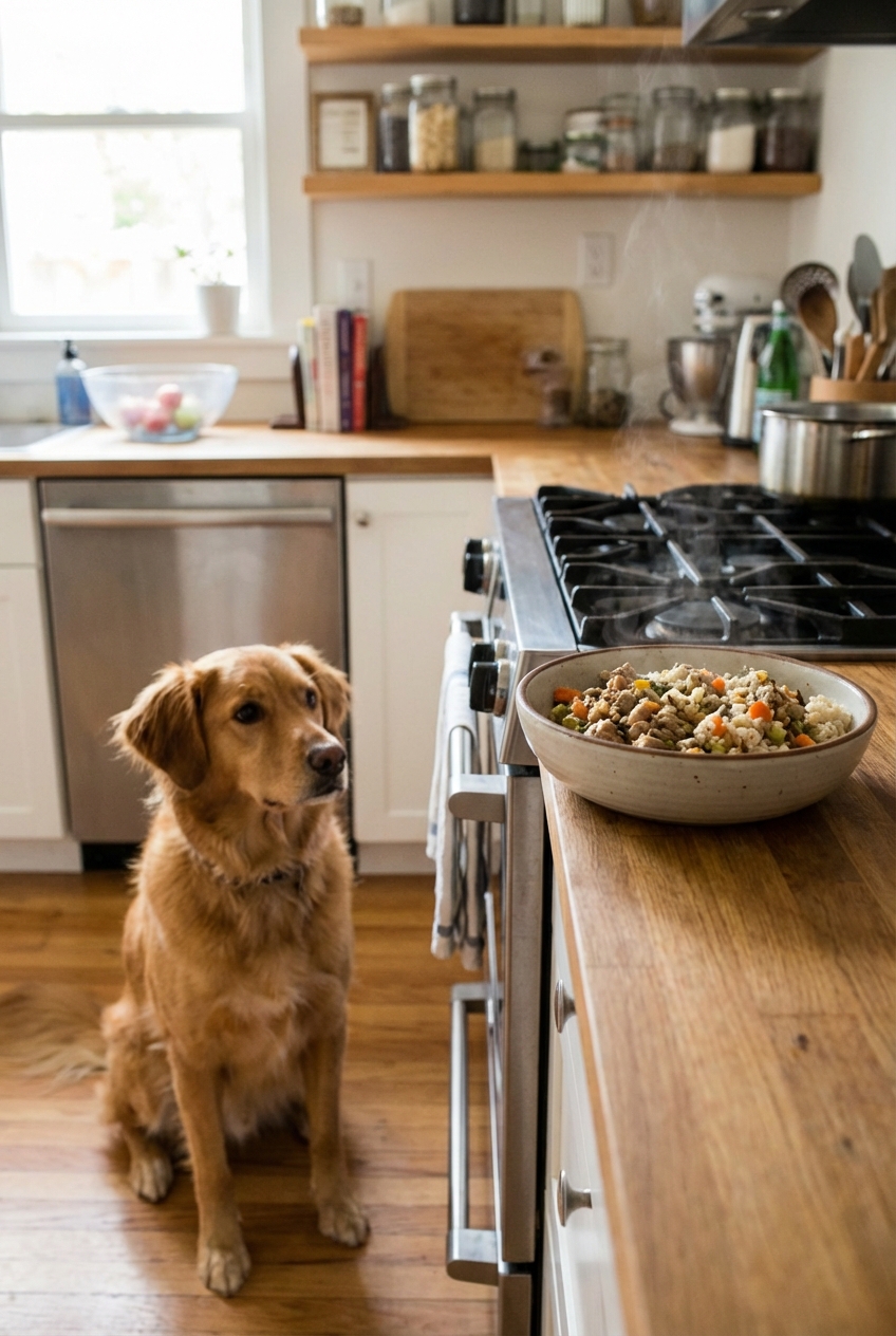 A real photograph of a medium-sized dog sitting patiently in a kitchen while a bowl of homemade dog food cools on the counter