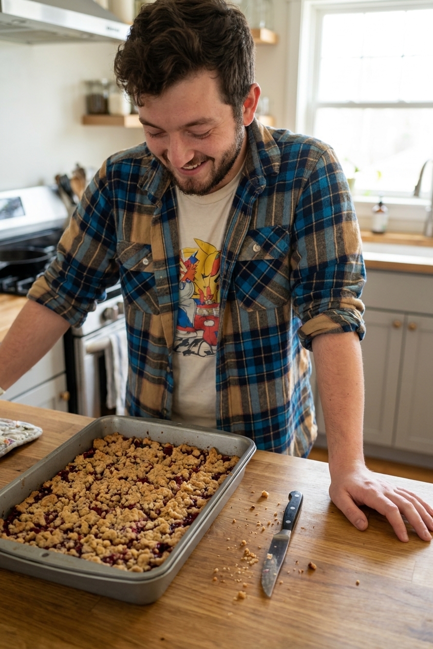 A real photograph of a metal baking pan filled with raspberry crumble bars cooling on a counter, with crumbs and a small knife nearby, home kitchen lighting