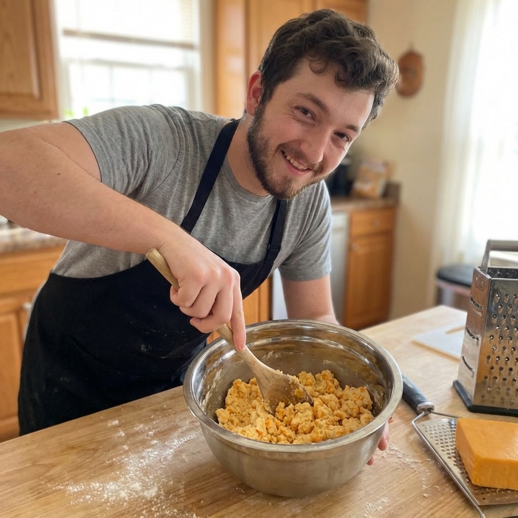 A real photograph of a metal mixing bowl filled with crumbly cheddar cheese straw dough and a wooden spoon resting inside, on a lightly floured countertop