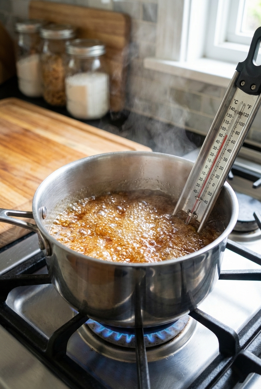 A real photograph of a metal saucepan with bubbling sugar syrup on a stovetop