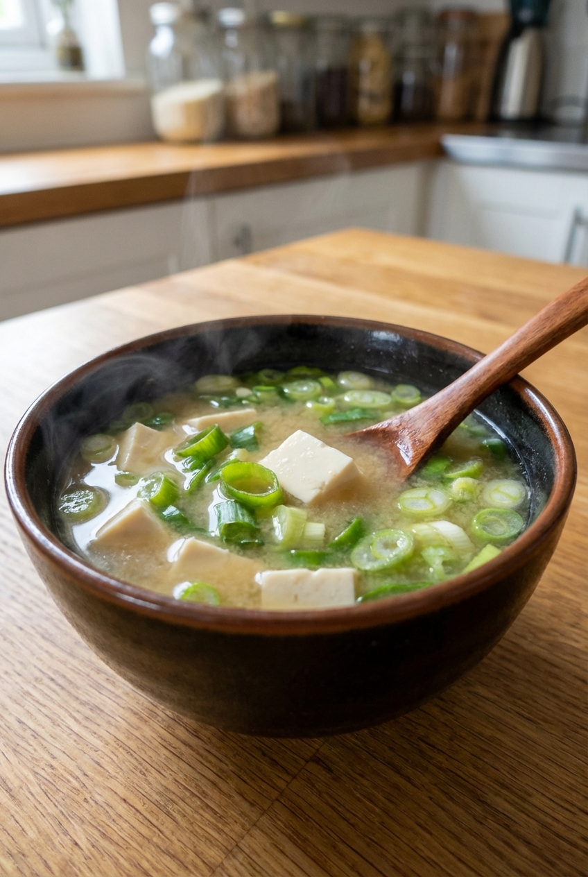 A real photograph of a miso soup in a small bowl with tofu cubes and sliced green onions