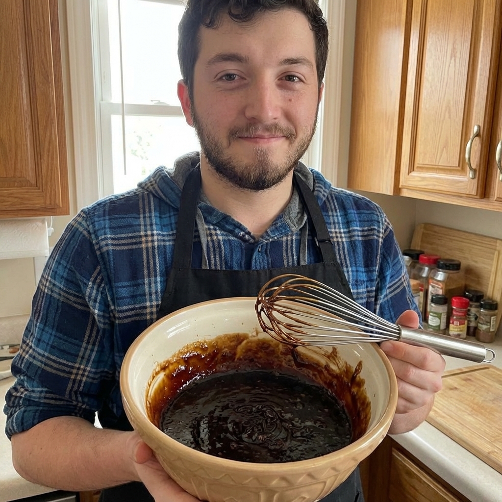 A real photograph of a mixing bowl filled with char siu marinade made from soy sauce, hoisin, honey, and spices, with a whisk resting on the rim