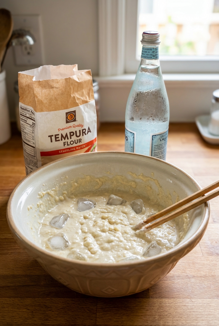 A real photograph of a mixing bowl with ice-cold tempura batter and chopsticks resting on the rim, with flour and sparkling water nearby