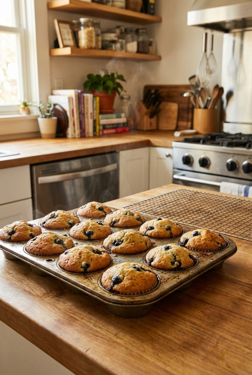 A real photograph of a muffin tin filled with blueberry muffins with golden tops cooling on a kitchen counter next to a wire rack