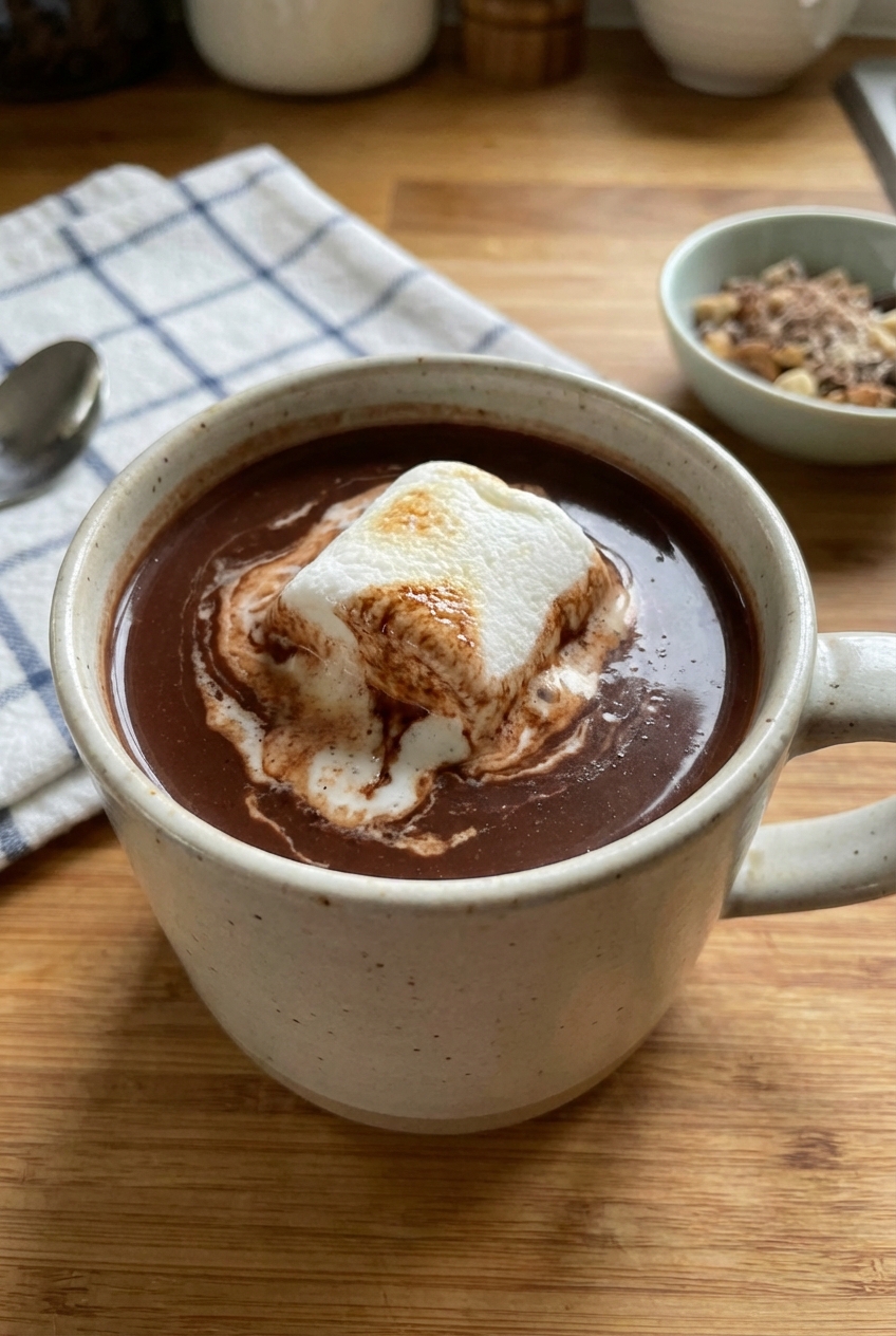 A real photograph of a mug of hot chocolate topped with a melting marshmallow