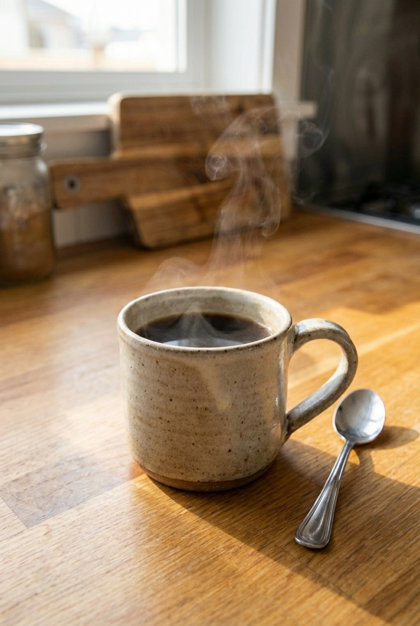 A real photograph of a mug of hot coffee on a kitchen counter with morning light