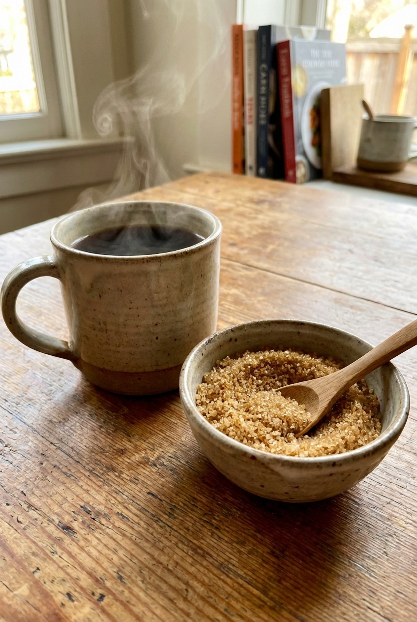 A real photograph of a mug of hot coffee on a wooden table next to a small bowl of brown sugar