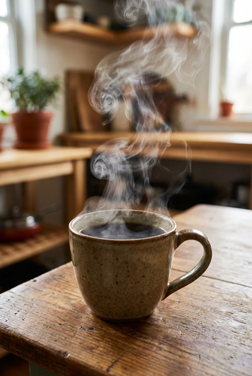A real photograph of a mug of hot coffee with steam rising on a wooden table