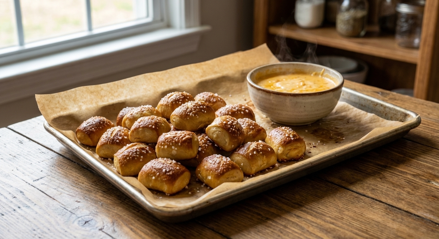 A real photograph of a parchment-lined baking sheet piled with golden-brown soft pretzel bites sprinkled with coarse salt, with a small bowl of warm beer cheese dip on the side, shot in natural window light on a wooden kitchen table