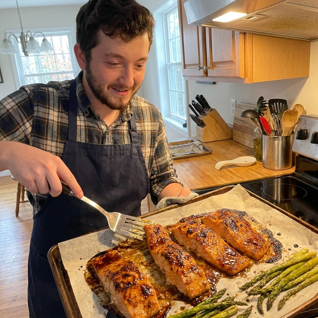 A real photograph of a parchment-lined sheet pan holding four baked salmon fillets with a glossy brown sugar garlic glaze, just out of the oven with caramelized spots, photographed from a slight angle in a home kitchen