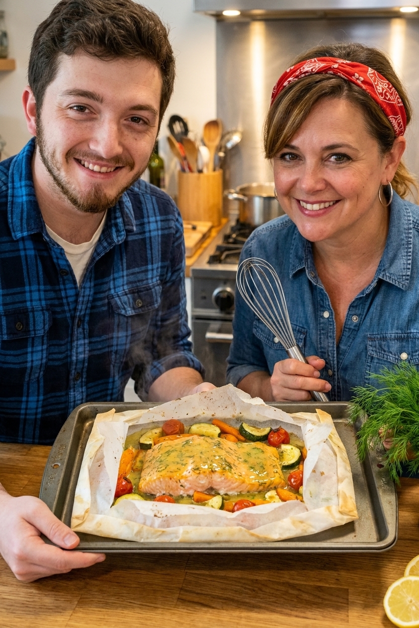 A real photograph of a parchment paper packet opened on a baking sheet, showing a cooked salmon fillet with zucchini, carrots, and cherry tomatoes in a glossy lemon-dill sauce, warm kitchen lighting