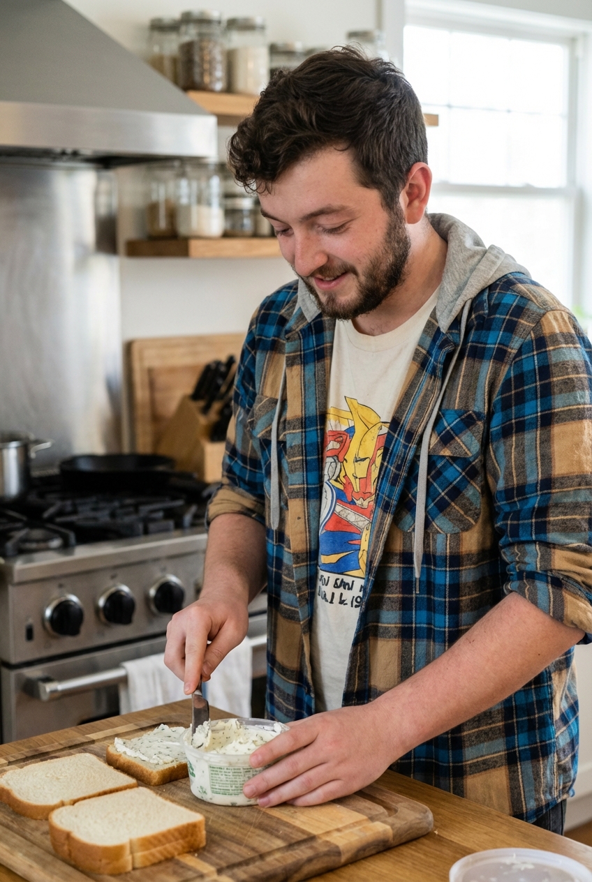 A real photograph of a person spreading herb cream cheese onto slices of white bread on a cutting board