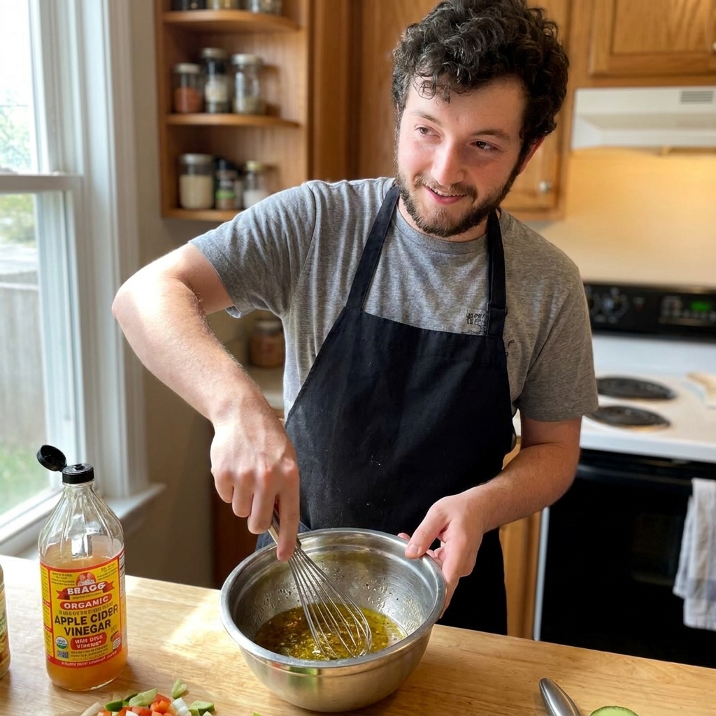 A real photograph of a person whisking a vinegar and oil coleslaw dressing in a stainless steel bowl, with a bottle of apple cider vinegar nearby