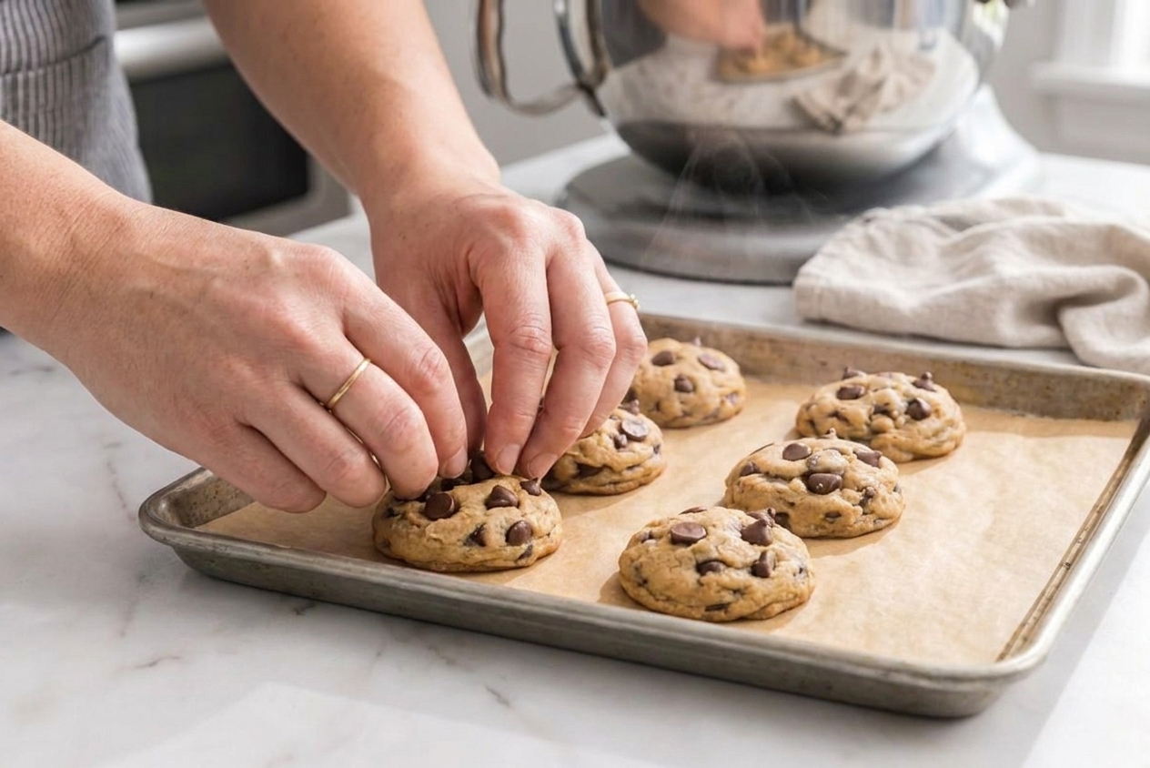 A real photograph of a person’s hands gently pressing a few chocolate chips into the tops of warm baked cookies on a sheet pan