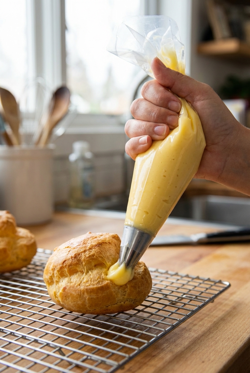 A real photograph of a piping bag filling a baked cream puff with vanilla pastry cream