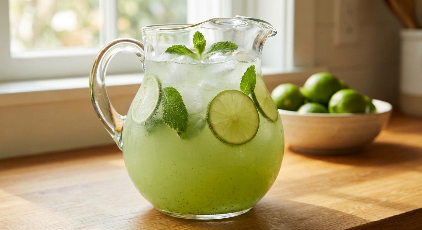 A real photograph of a pitcher of sparkling lime agua fresca with ice and lime slices