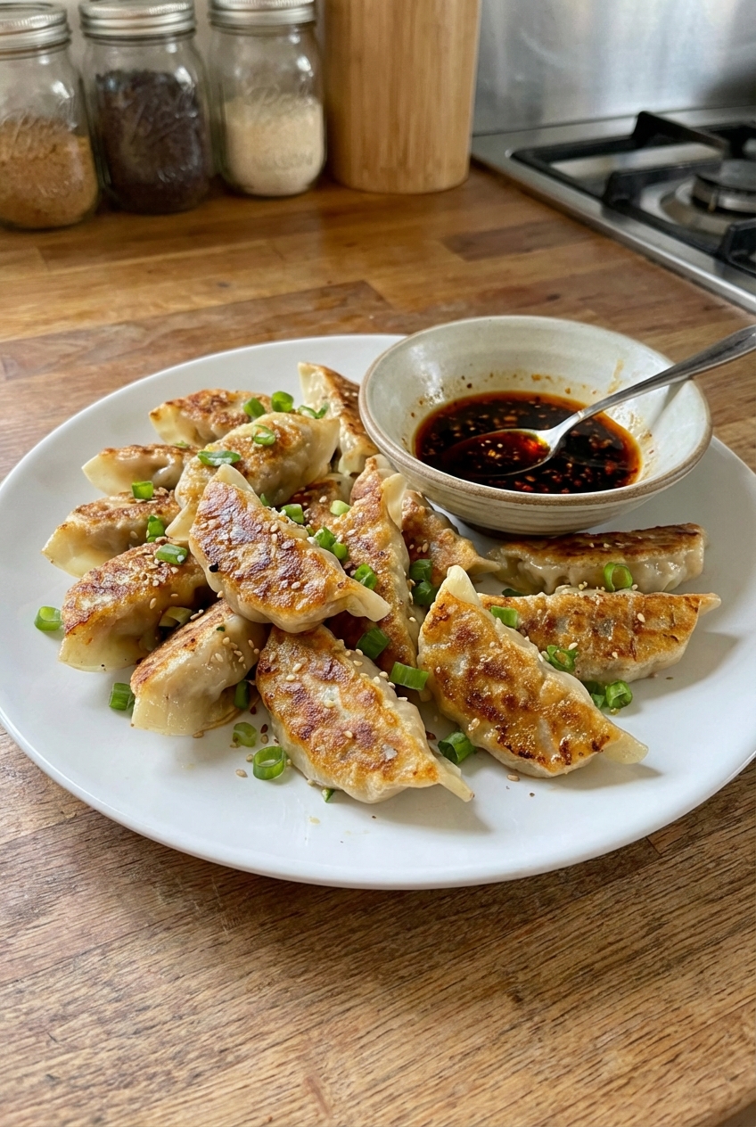A real photograph of a plate of pan-fried dumplings with a small bowl of dipping sauce