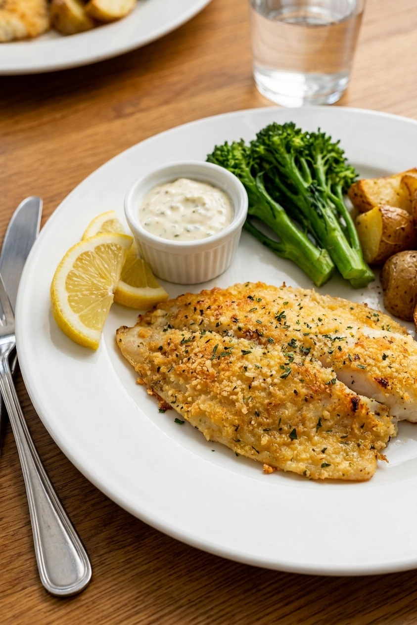 A real photograph of a plated Parmesan crusted tilapia fillet with lemon wedges and a small ramekin of sauce on a white plate, weeknight dinner style