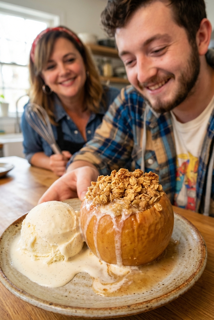 A real photograph of a plated baked apple with oat topping and a scoop of vanilla ice cream melting on the side