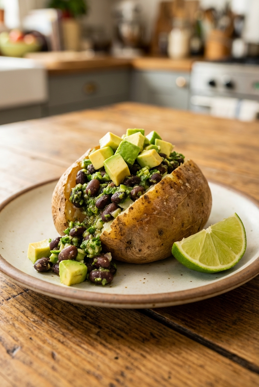 A real photograph of a plated baked potato topped with black bean salsa verde and diced avocado, with a lime wedge on the side