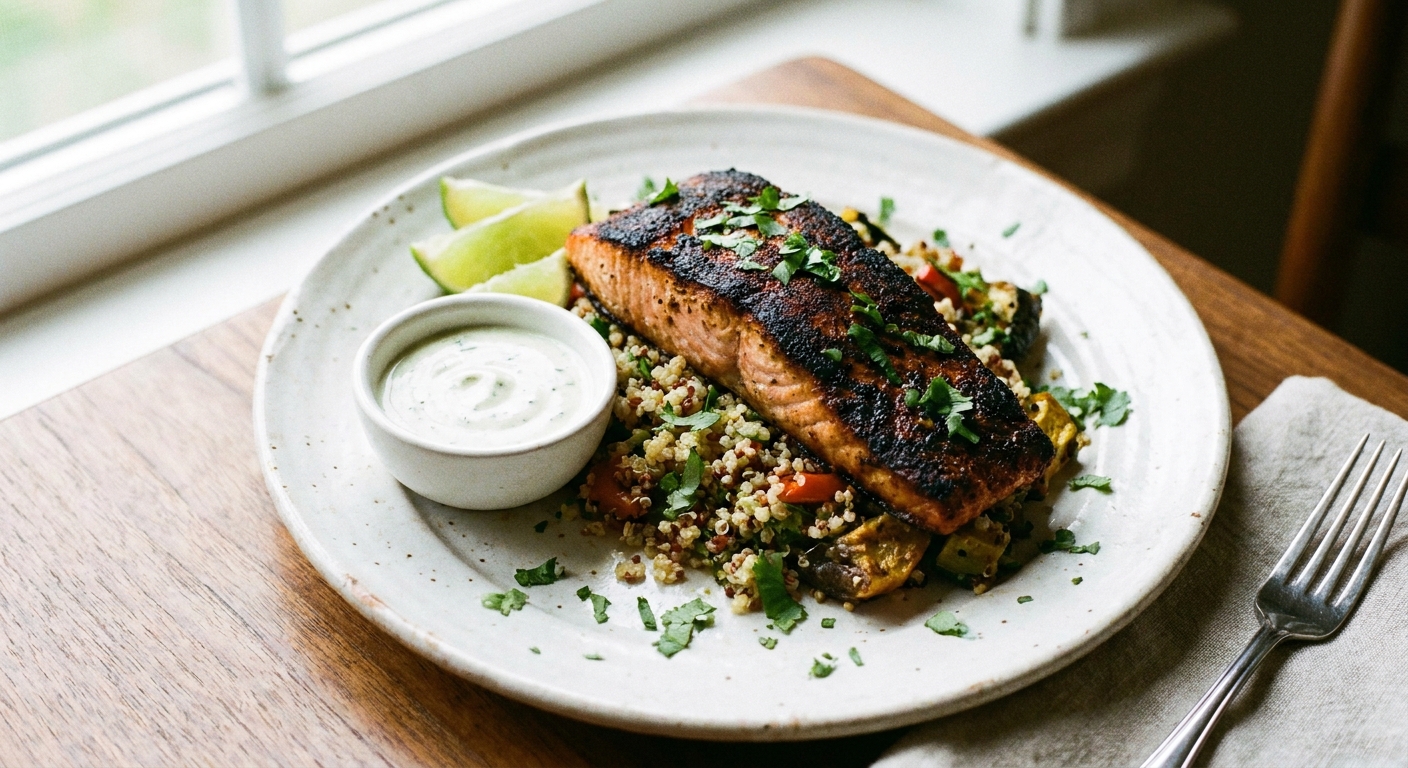 A real photograph of a plated blackened salmon fillet with a small bowl of lime crema on the side, lime wedges, and chopped cilantro on a simple white plate