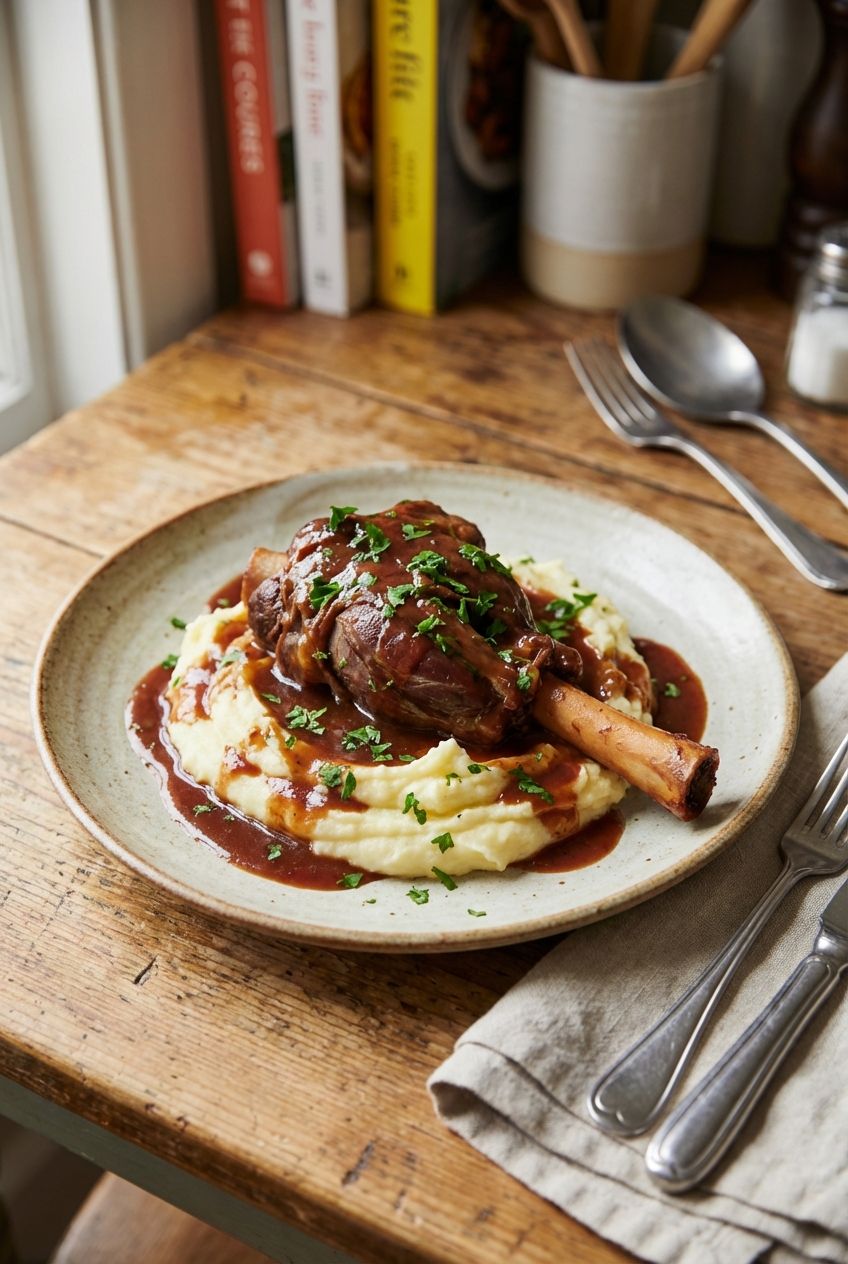 A real photograph of a plated lamb shank over mashed potatoes with red wine gravy spooned on top and parsley scattered