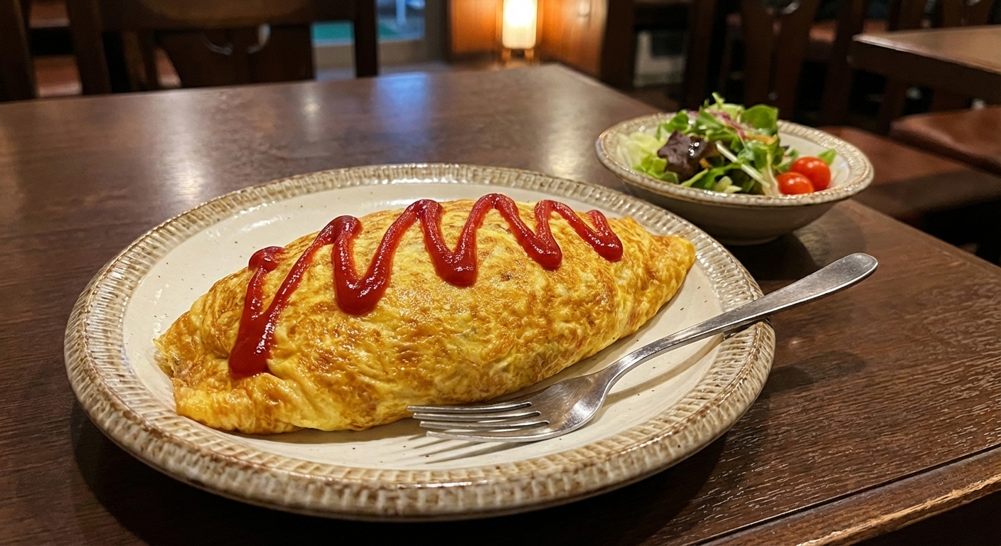 A real photograph of a plated omurice with a ketchup zigzag on the omelette, a fork resting on the plate, and a small side salad on the table