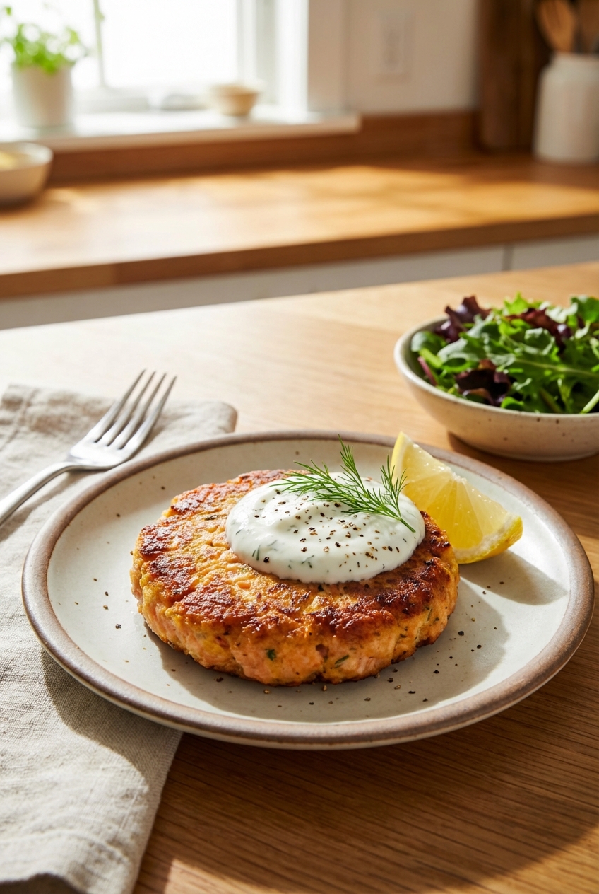 A real photograph of a plated salmon cake with a dollop of lemon dill yogurt sauce and a lemon wedge