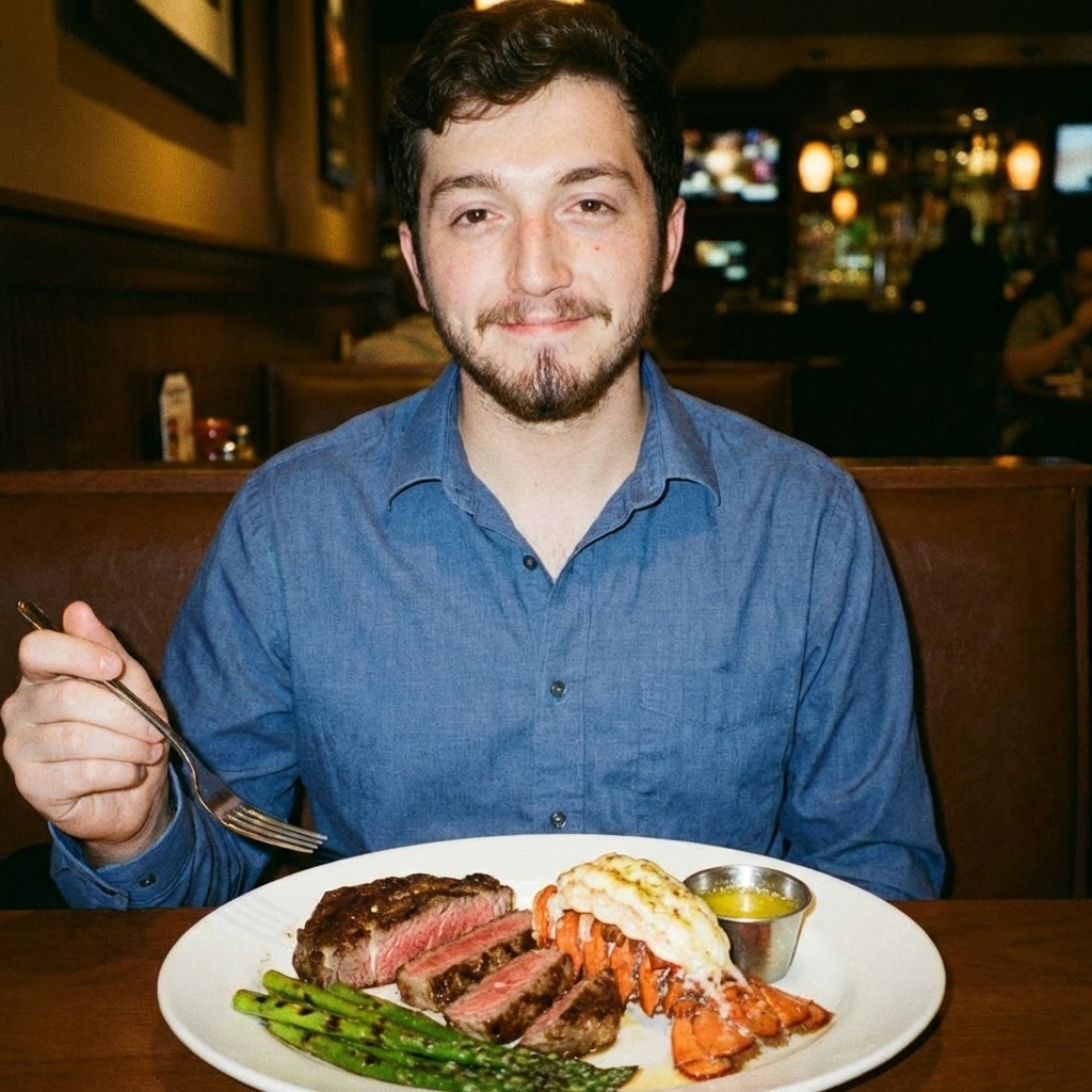 A real photograph of a plated surf and turf dinner with a sliced pan-seared ribeye steak and two broiled lobster tails, glossy garlic-lemon butter melting over the lobster, with asparagus on the side, warm restaurant-style lighting