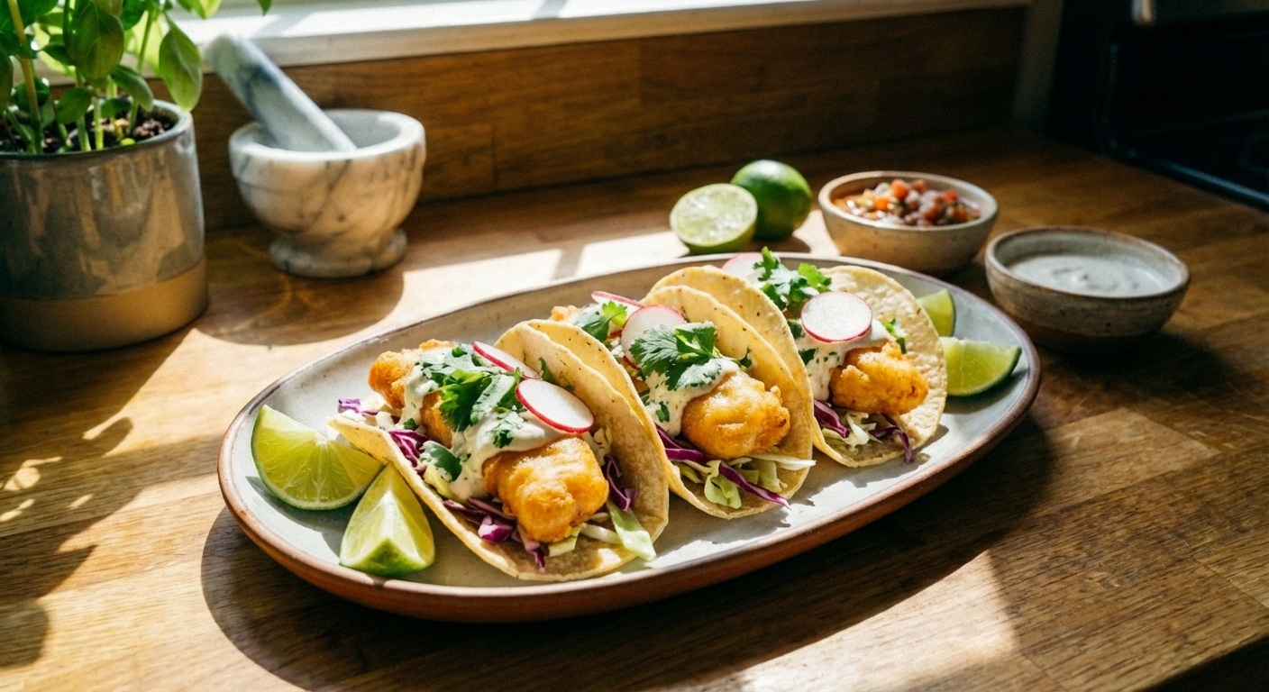 A real photograph of a platter of crispy fish tacos with shredded cabbage and lime wedges on a wooden table