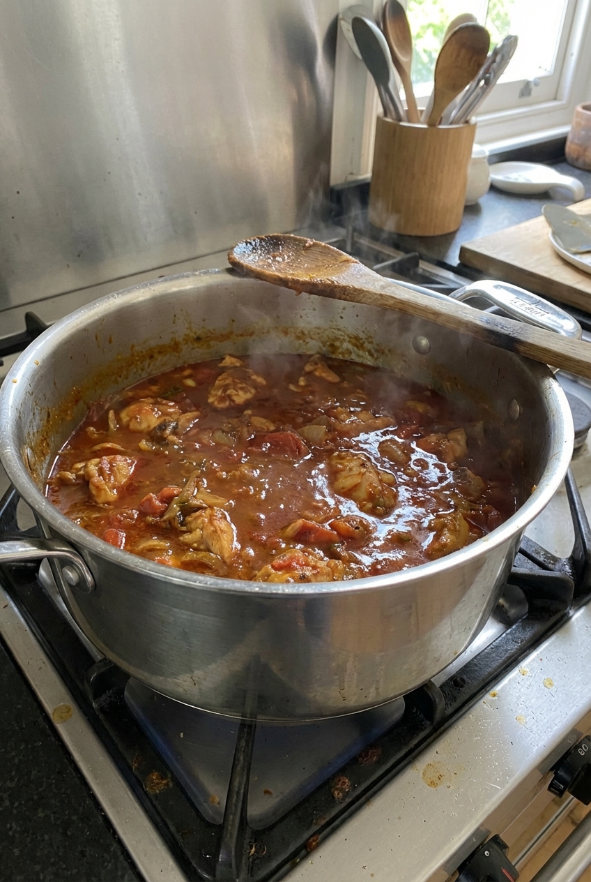 A real photograph of a pot of Indian curry simmering on a stovetop with a wooden spoon resting on the side, showing a glossy red-brown sauce and pieces of chicken
