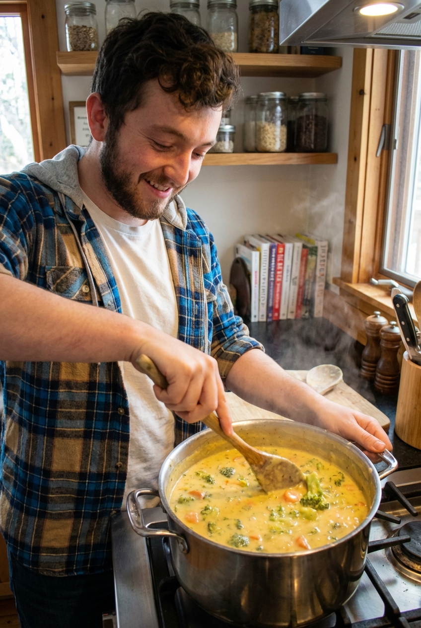 A real photograph of a pot of broccoli cheddar soup being stirred with a wooden spoon, showing a creamy texture with visible broccoli pieces