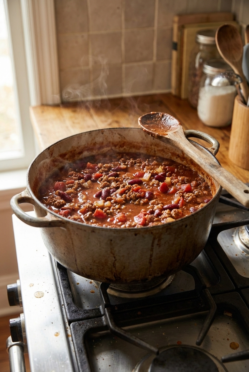 A real photograph of a pot of chili simmering on a stovetop with a wooden spoon resting on the rim