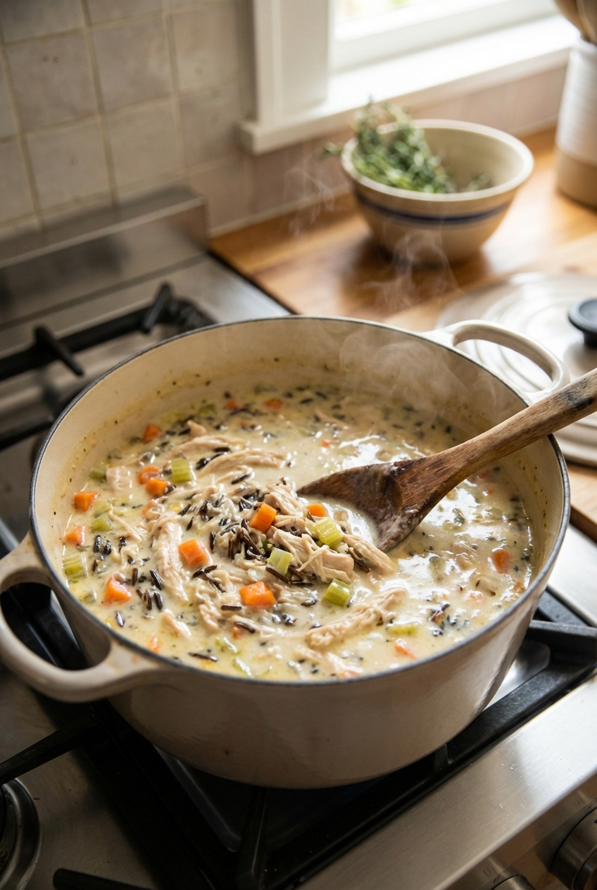 A real photograph of a pot of creamy chicken and wild rice soup simmering on a stovetop with a wooden spoon