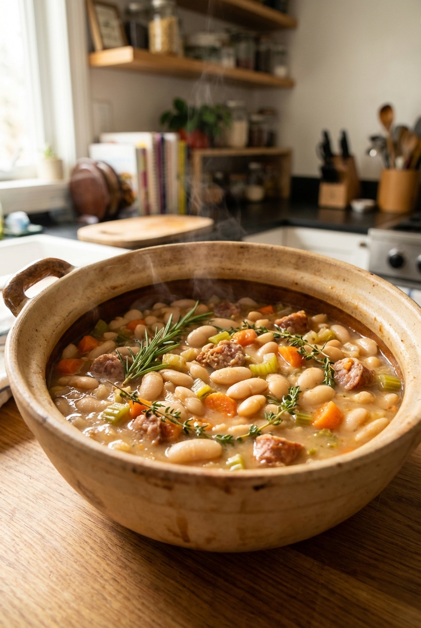 A real photograph of a pot of hearty white bean stew with herbs