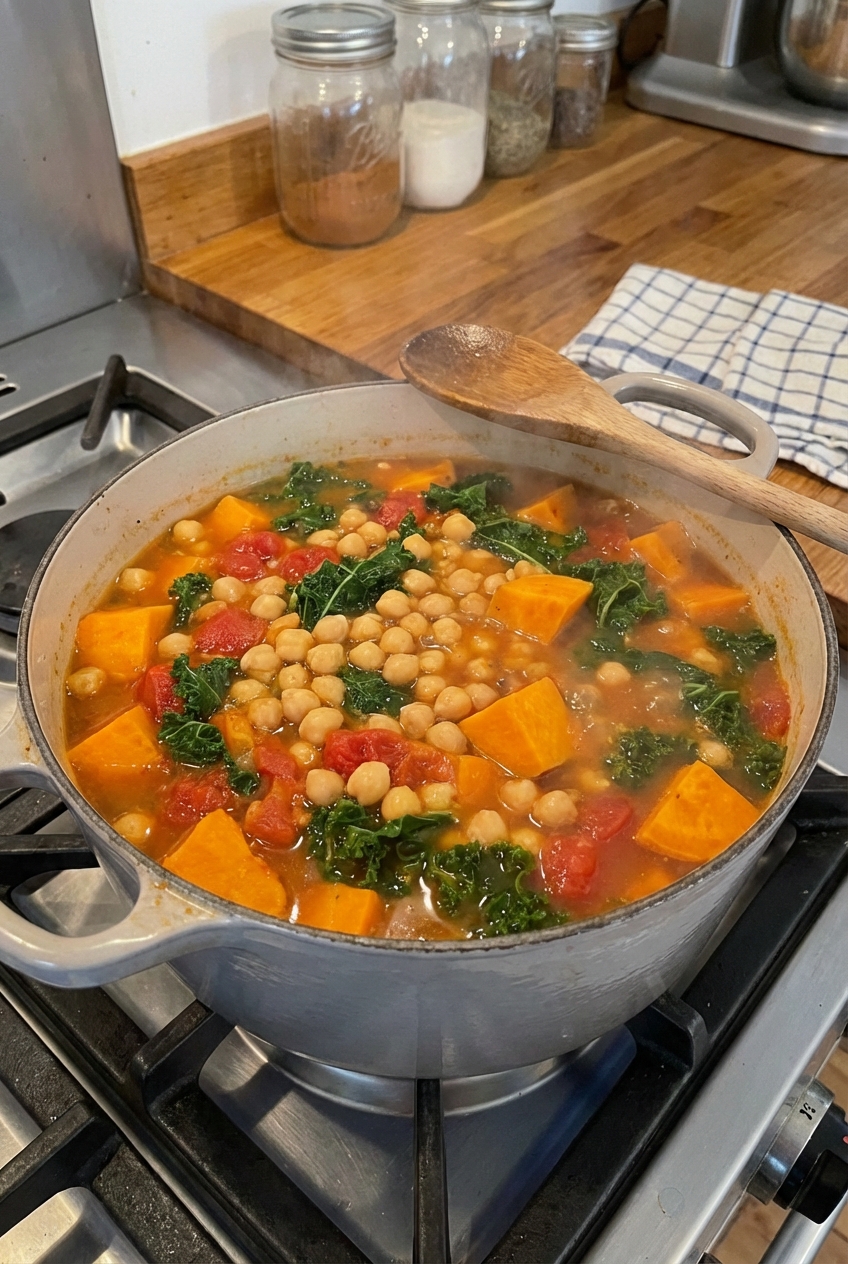 A real photograph of a pot of stew simmering on a stovetop with visible chickpeas and sweet potato chunks