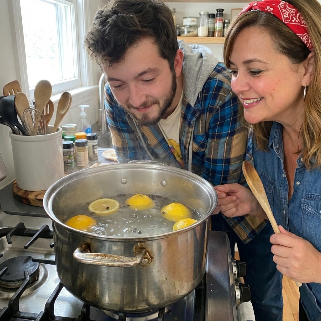 A real photograph of a pot of water with lemon halves and peppercorns coming to a simmer on a stovetop