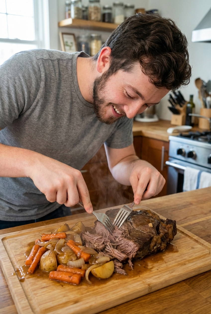 A real photograph of a pot roast being shredded with two forks on a cutting board with carrots nearby