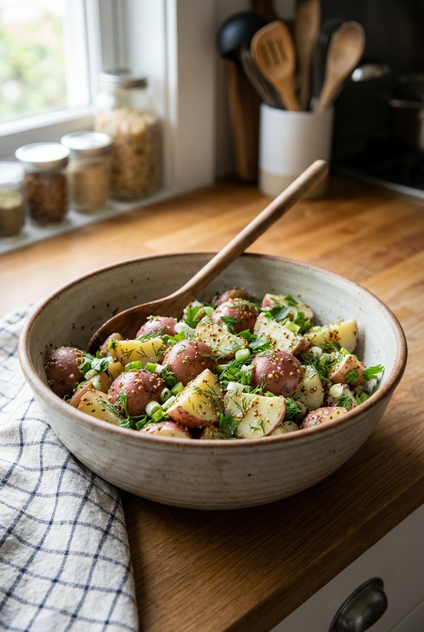 A real photograph of a potato salad bowl with herbs and mustard dressing