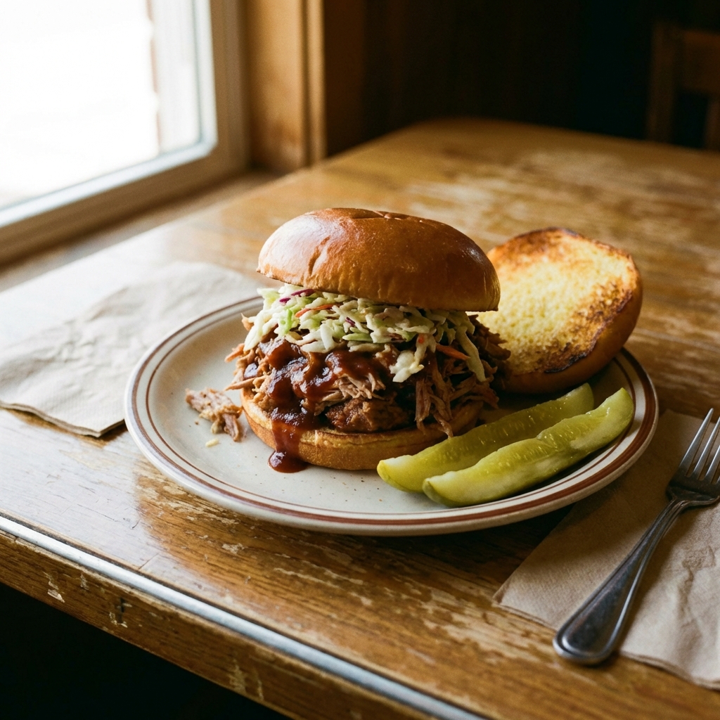 A real photograph of a pulled pork sandwich on a plate with pickles