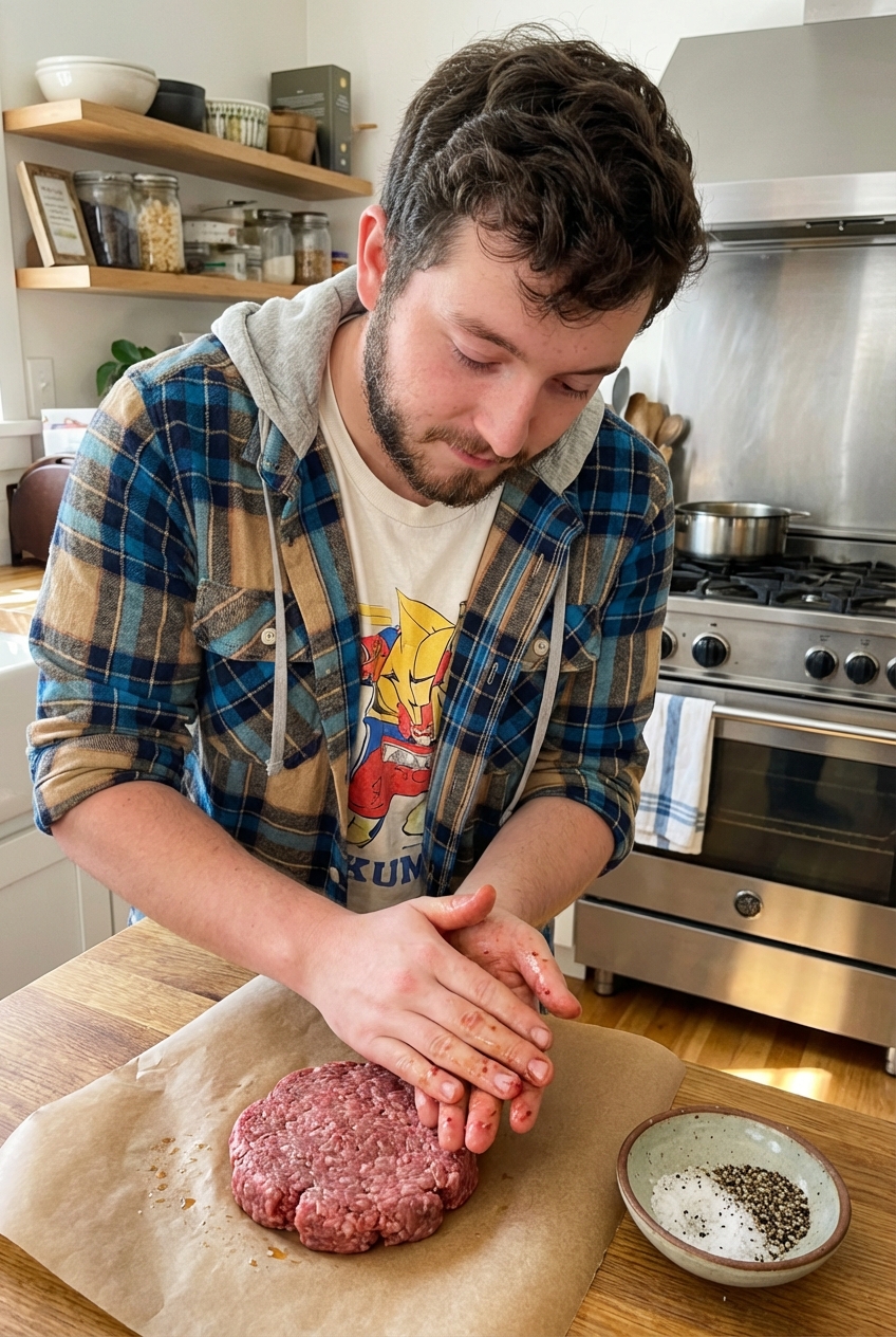 A real photograph of a raw burger patty being shaped by hand on parchment paper with a small bowl of salt and pepper nearby