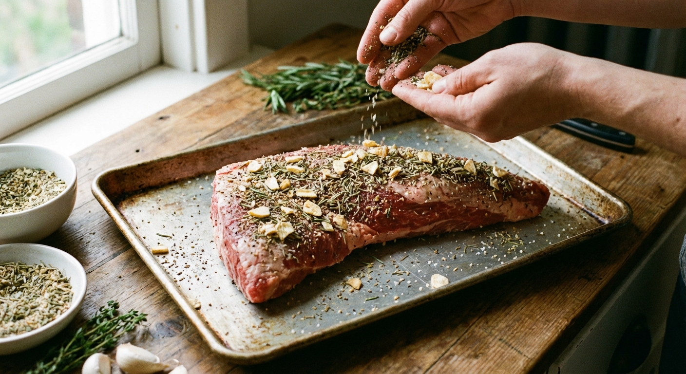 A real photograph of a raw tri-tip on a sheet pan being seasoned generously with a coarse garlic herb rub