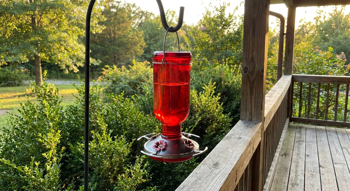 A real photograph of a red hummingbird feeder hanging from a porch hook with greenery in the background, late afternoon light