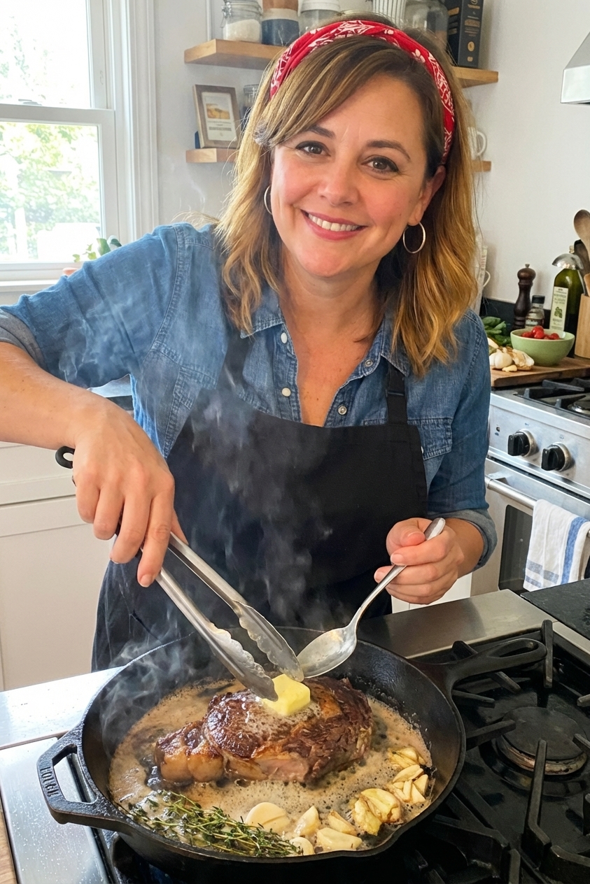 A real photograph of a ribeye steak searing in a cast iron skillet with foaming butter, smashed garlic cloves, and thyme sprigs