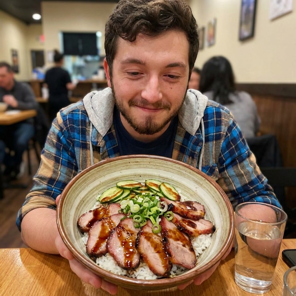 A real photograph of a rice bowl topped with sliced char siu, sliced cucumbers, and scallions with a glossy sauce drizzle