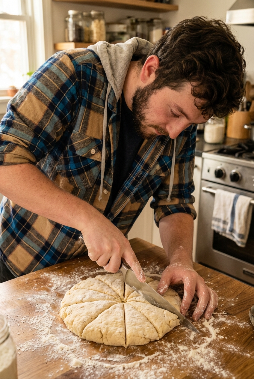 A real photograph of a round disk of scone dough being cut into wedges on a floured countertop