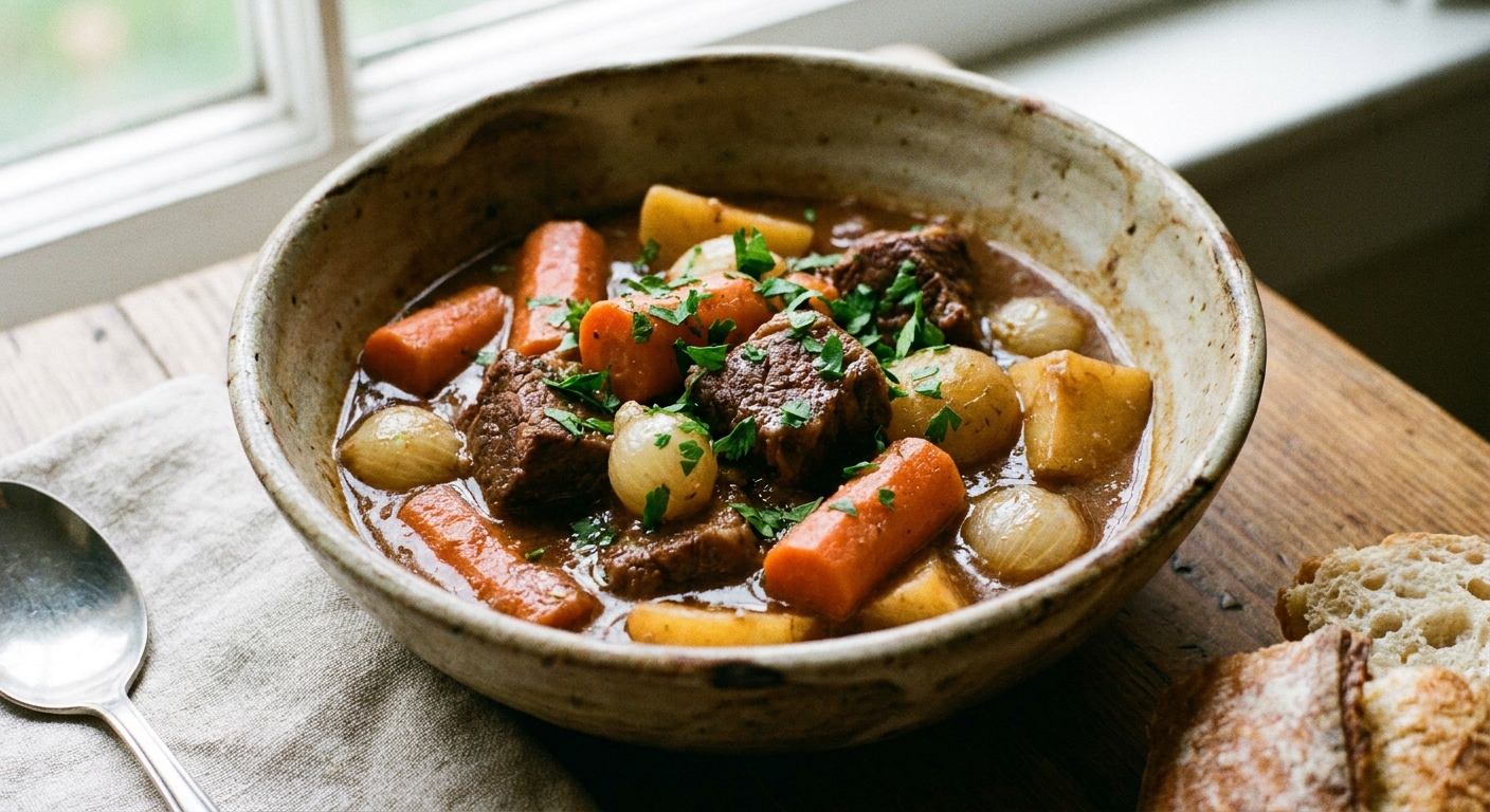 A real photograph of a rustic ceramic bowl filled with beef stew, showing tender beef chunks, carrots, and potatoes in thick gravy with parsley on top
