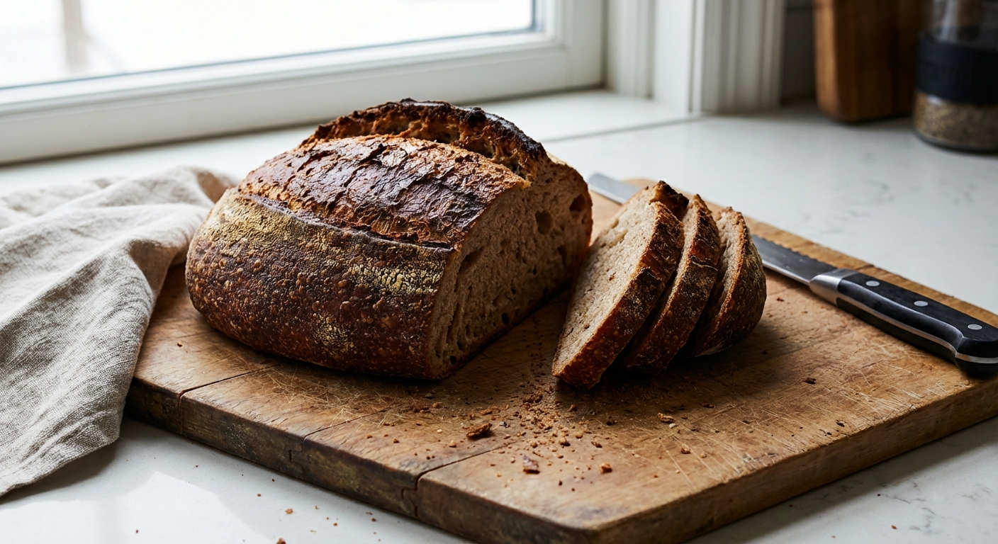 A real photograph of a rustic loaf of bread sliced on a cutting board